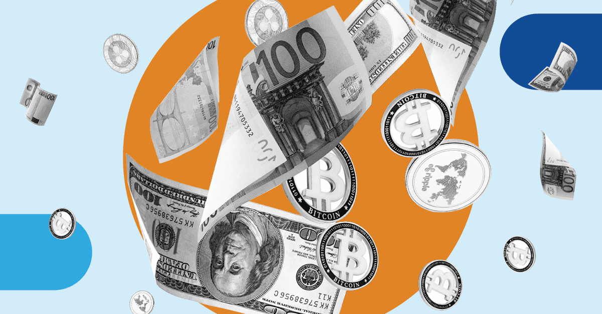 Blue and orange shapes in the background with black and white photographic images of currency in the foreground, including Bitcoin, Euro and US Dollars, to illustrate the blog title '9 Reasons Why You Should Never Pay Ransomware Attackers'