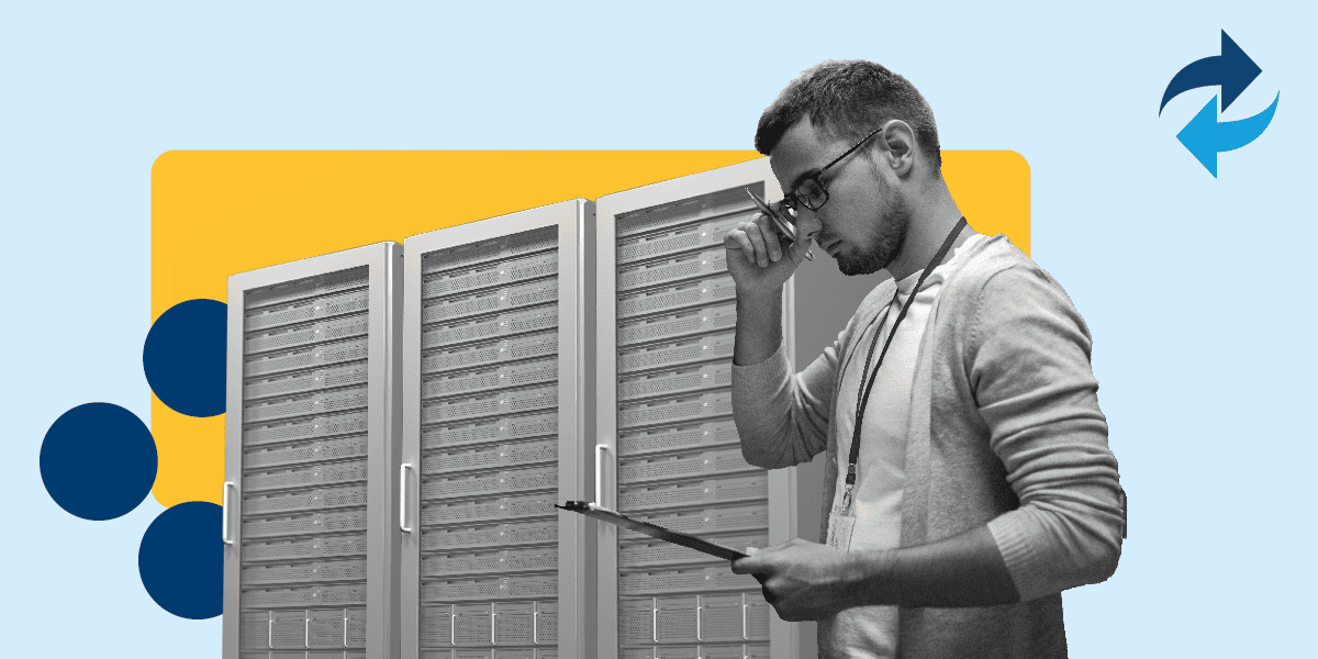A graphic design showing an IT manager with a clipboard standing next to an on-premises server considering how to include data into his company's disaster recovery plan.